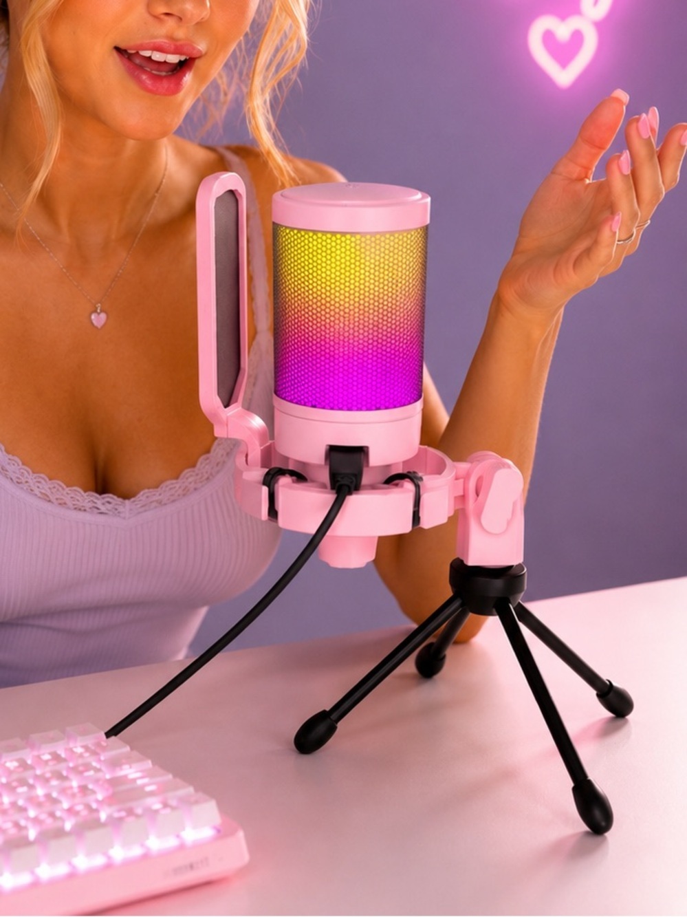 FIFINE Like New Pink RGB Gamer Girl USB Microphone Coquette Streaming Setup PS5